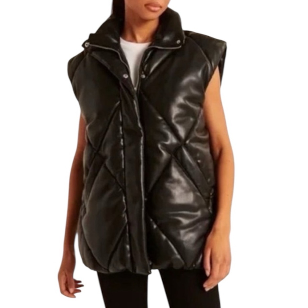 ABERCROMBIE & FITCH Black Vegan Leather Oversized Puffer Vest Quilted Size Large